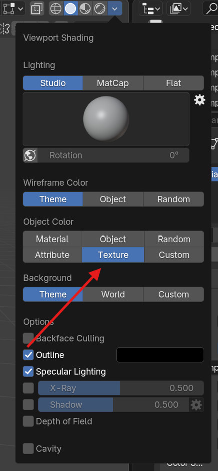 Blender viewport overlays dropdown with object color set to Texture