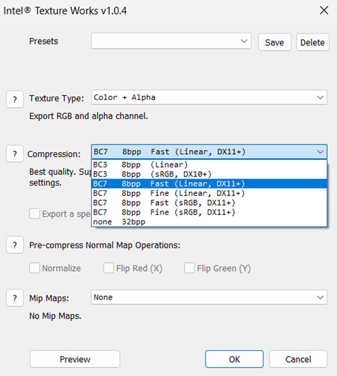 DDS save options with Linear compression highlighted